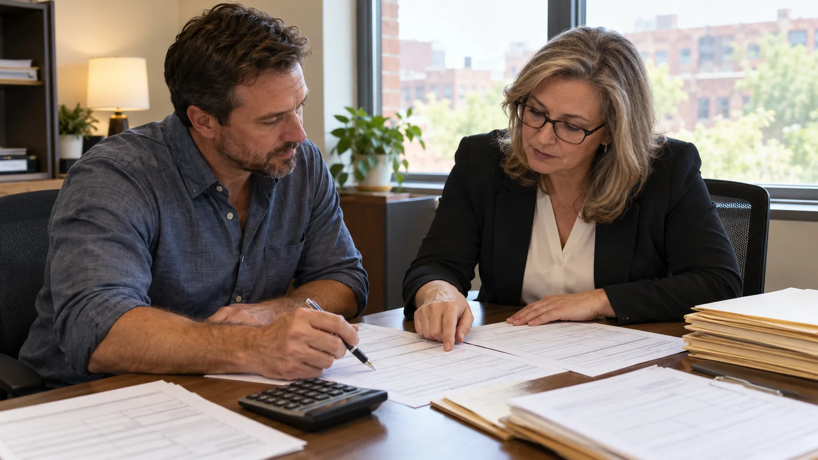 A business seller and an accountant look over printed tax forms and a calculator at a desk in a small office, file folders stacked nearby