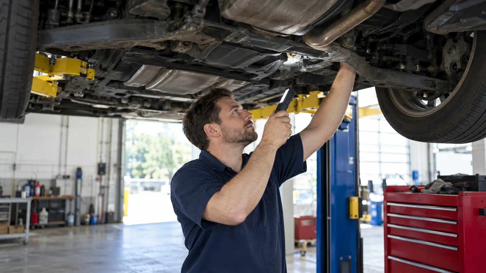 A mechanic in a navy work shirt inspects the underside of a car raised on a lift in a tidy repair bay with a tool chest nearby