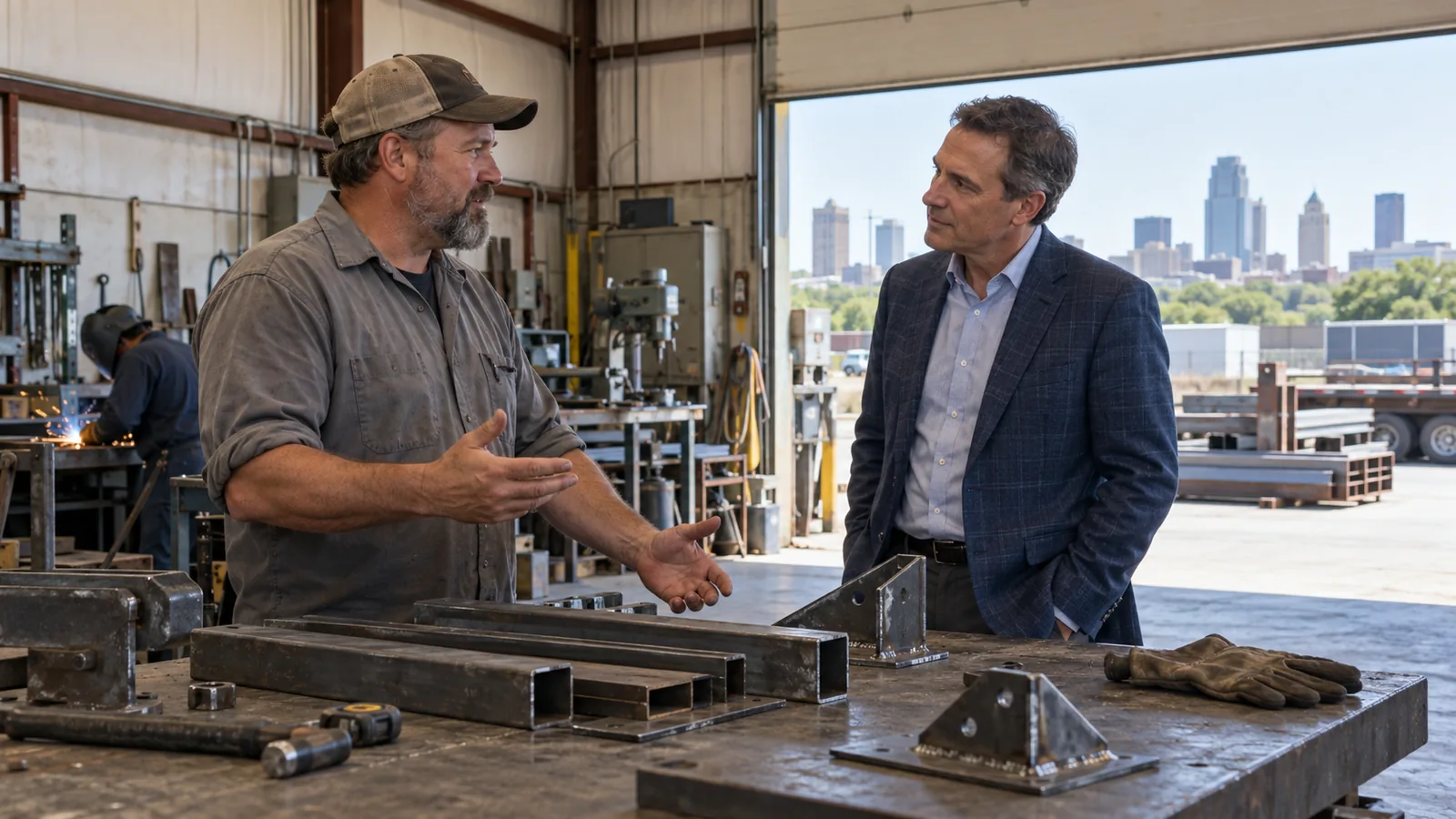 A shop owner in a work shirt talks with a visitor in a sport coat beside a workbench in a small metal fabrication shop with the bay door open