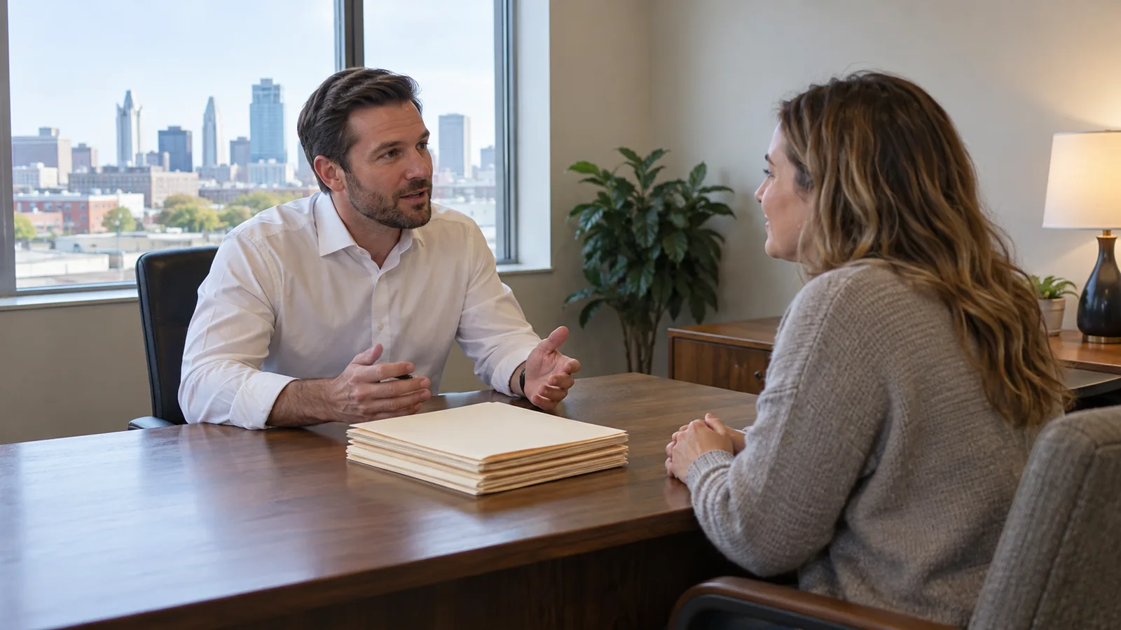 An insurance agent in a white shirt talks with a client across a desk in a small office, a stack of policy folders between them