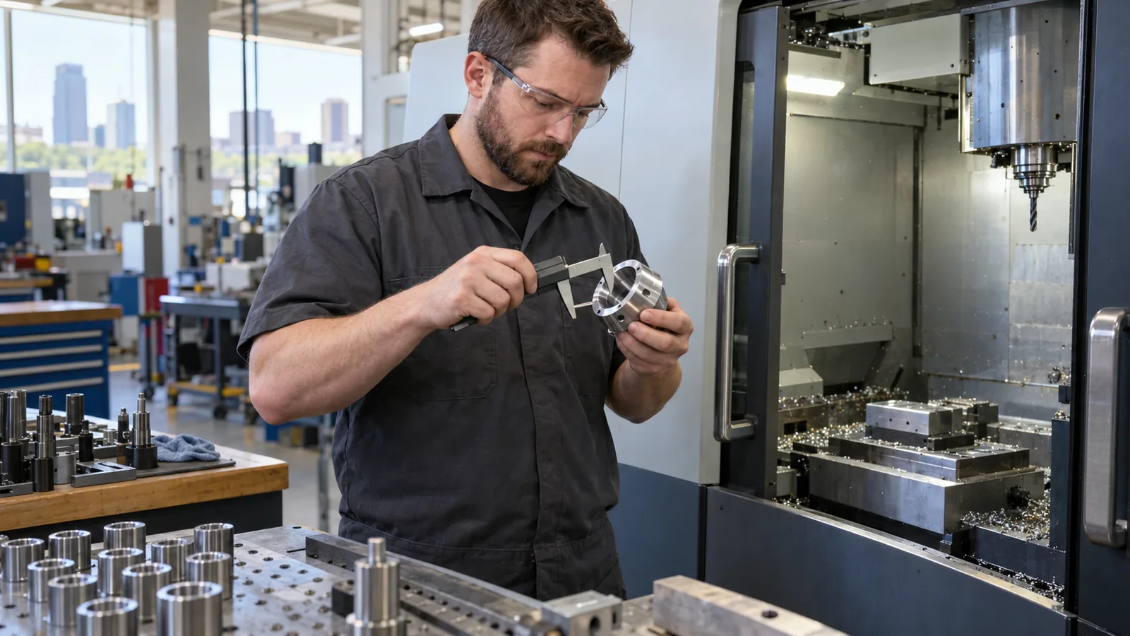 A machinist in safety glasses checks a finished metal part with calipers next to a CNC machine in a clean, well lit shop