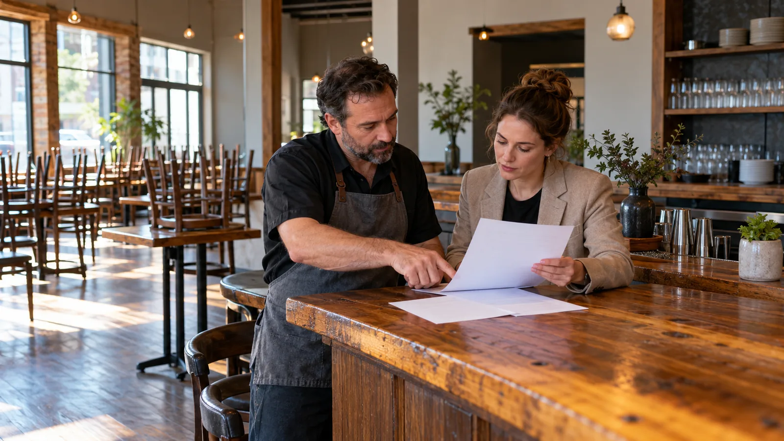 A restaurant owner and a buyer review paperwork at a wooden bar counter in an empty dining room before opening, chairs stacked on some tables